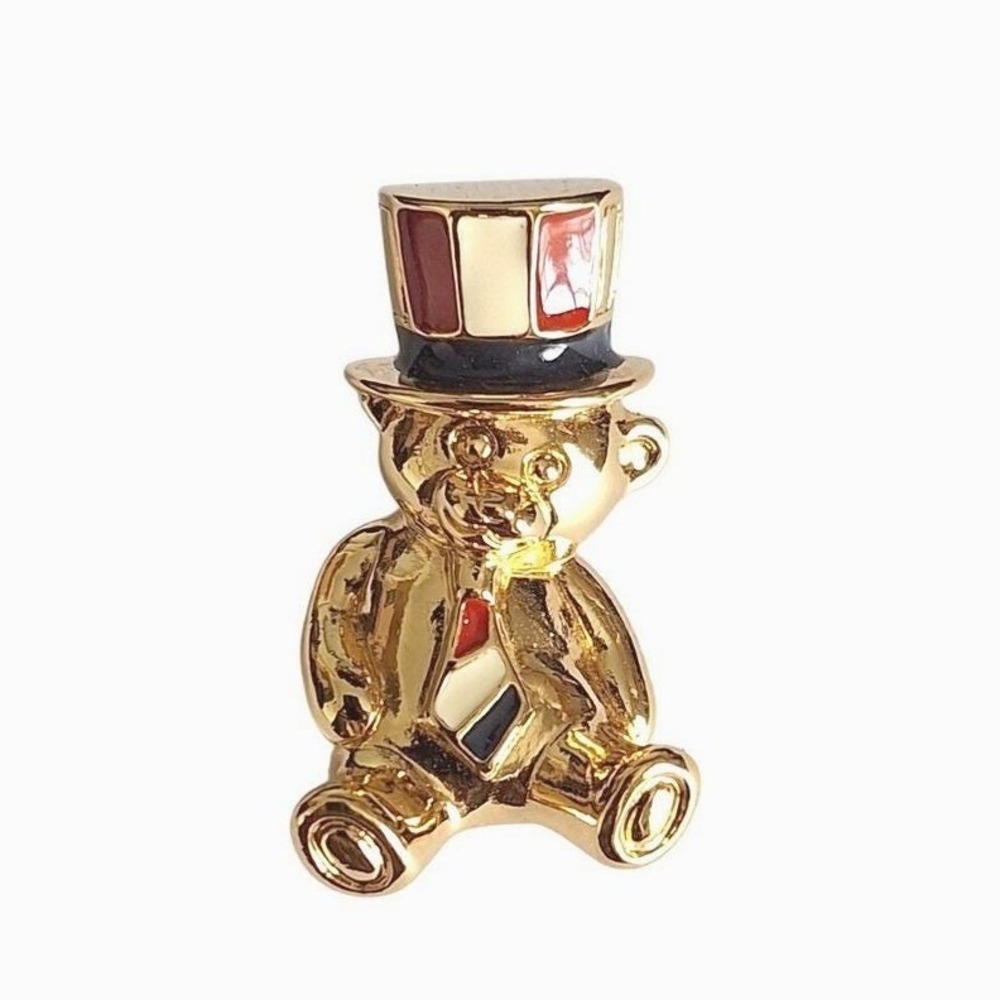 Avon Stars & Stripes Bear Tac Pin Gold Tone Patriotic Teddy Bear Enamel Hat Box